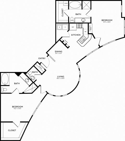 Floor plan for 2 beds, 2 baths, 1390 sqft